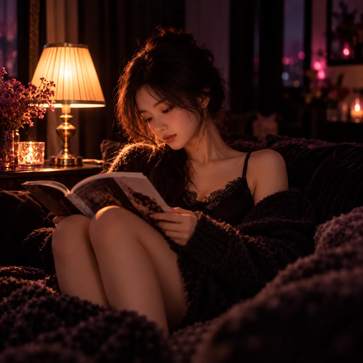 夜晚站台与灯光倒影